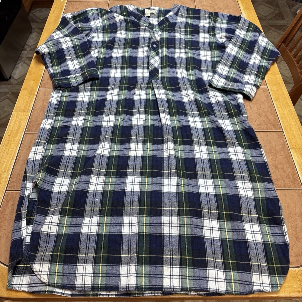 Vtg L.L Bean Pajamas Mens Sz XL Plaid Tartan Green Blue Flannel Nightshirt